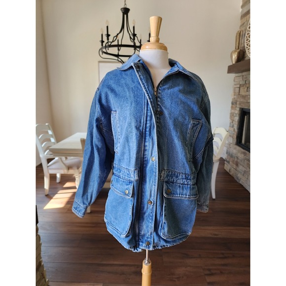 Vintage 80s Yearbook Denim Jacket Oversized Utility‎ Pockets Red Lined Medium - Picture 2 of 12